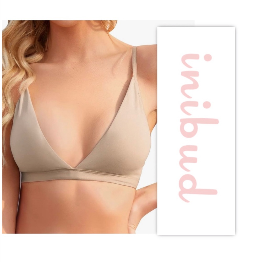 INIBUD Cream Removable Padded Yoga Seamless V Neck Bralette